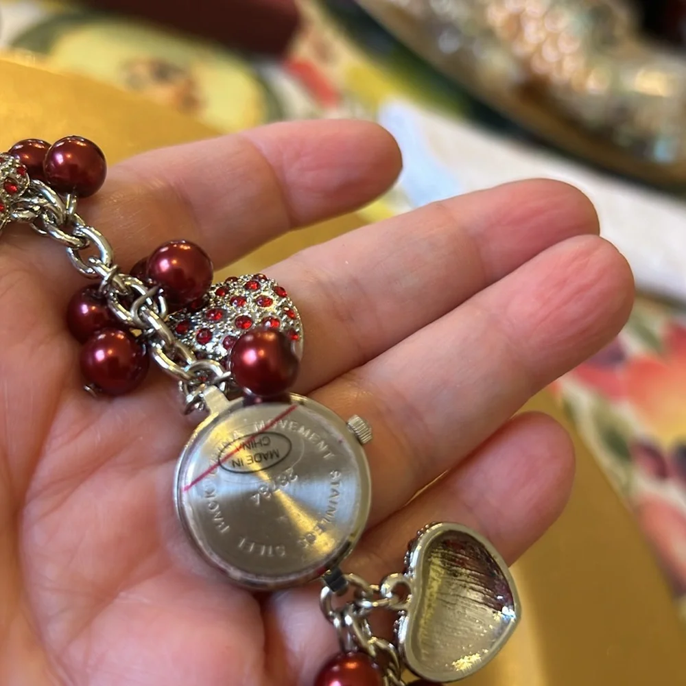 Quartz Watch Bracelet with Red Beads & Hearts on Silver Chain; Watch not working